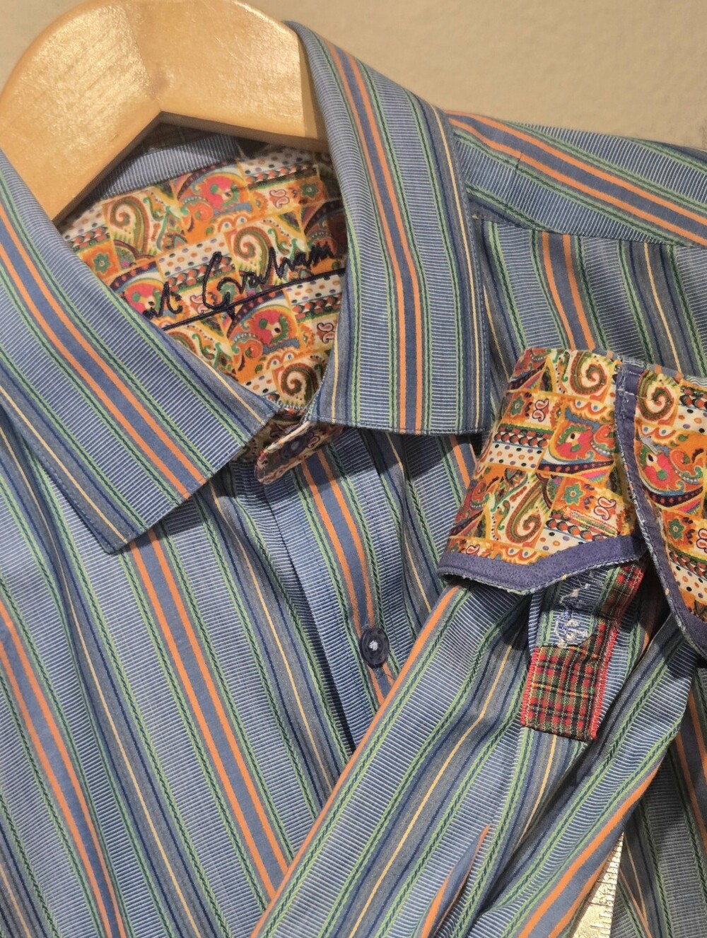 Robert Graham GLORY Blue Striped Flip Cuff Casual Shirt SzL Majolica Talavera